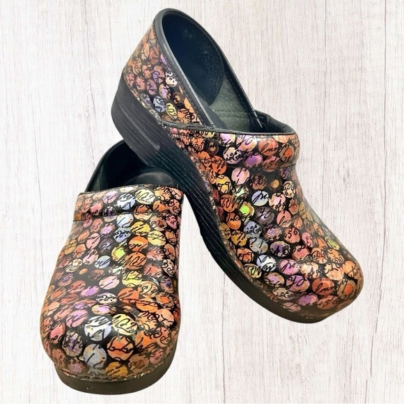 Dansko Shoes - Dansko- Multi Color Dot w/ Script Printed Stapled Leather Classic Clog- Size 39